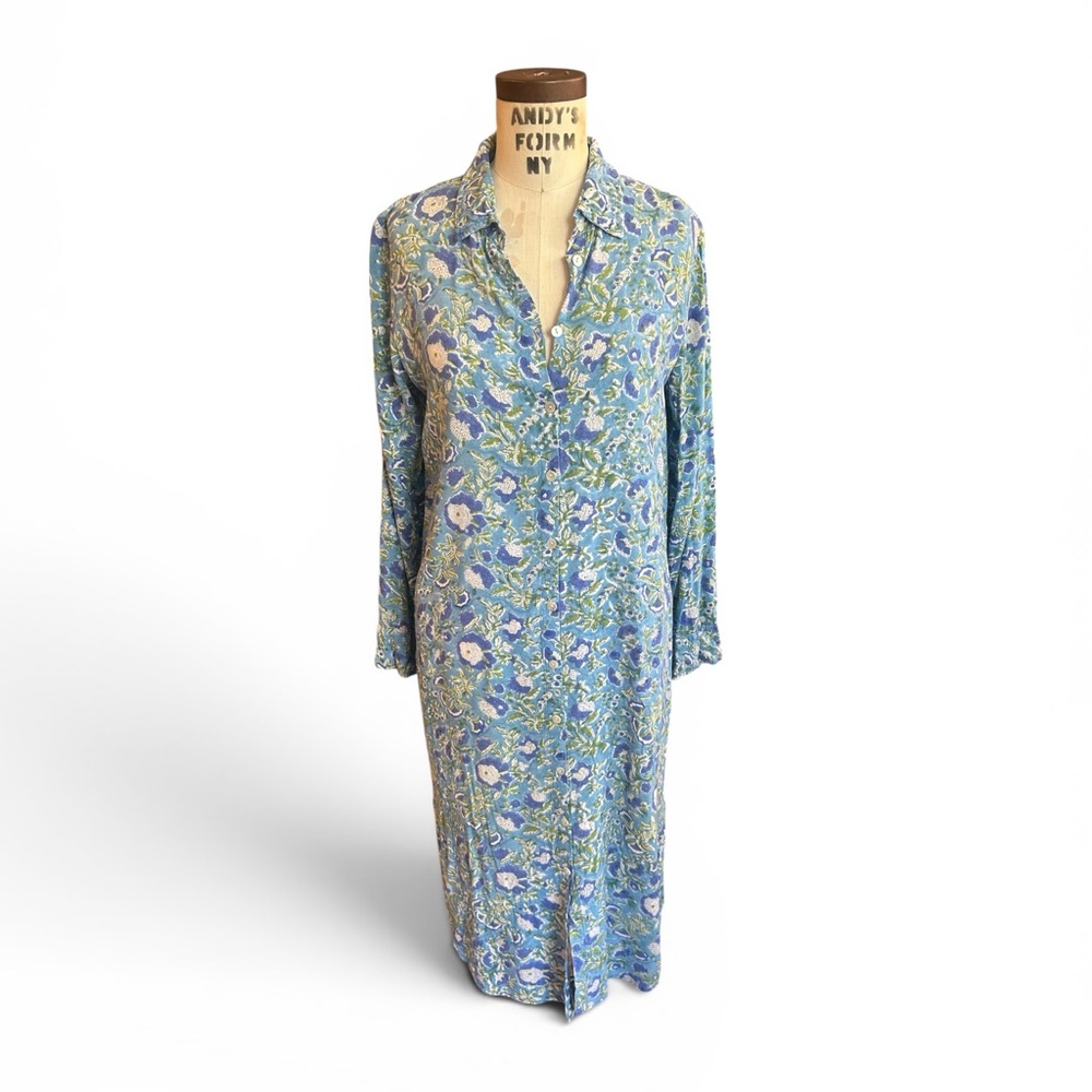 Mary Marshmallow Blue Floral Midi Shirt Dress - Soft Boho Resortwear